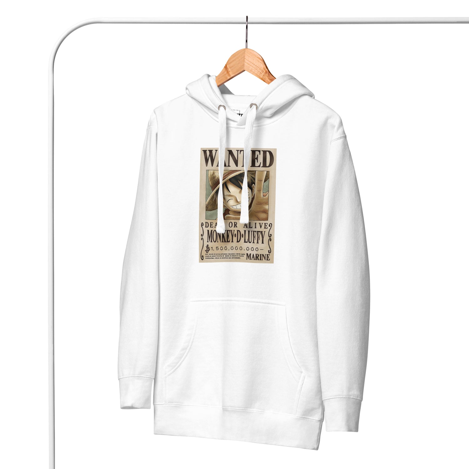 One Piece Monkey D. Luffy Straw Hat Pirates Wanted Poster Printed Premium Streetwear Hoodie Sweatshirt White